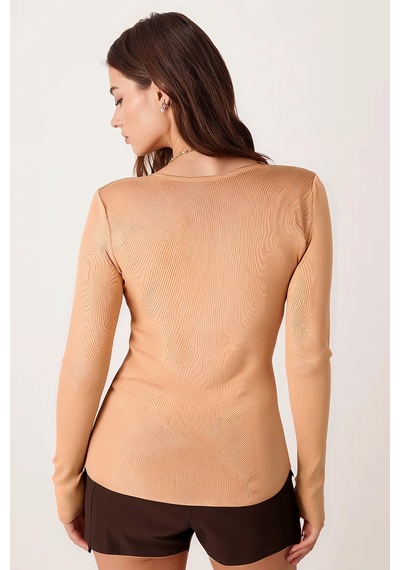 Armonika Kadın Vizon Kare Yaka Likralı Triko Bluz Arm-26k069002