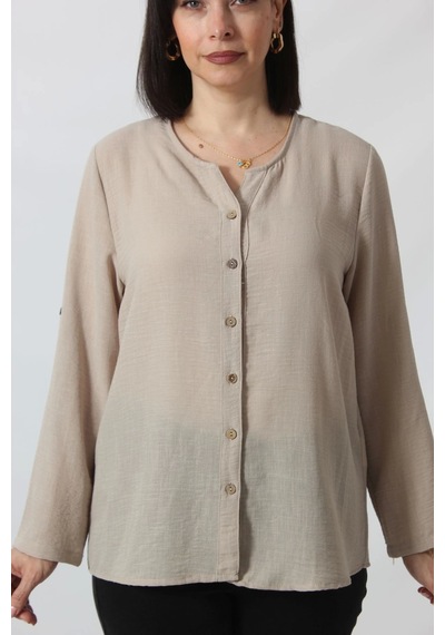Moda Berray Tb-069 Keten Kolu Apoletli Sıfır Yaka Büyük Beden Taş Rengi Gömlek Bej
