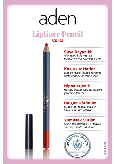 Aden Lipliner Pencil - Dudak Kalemi 50 Coral Mercan 0