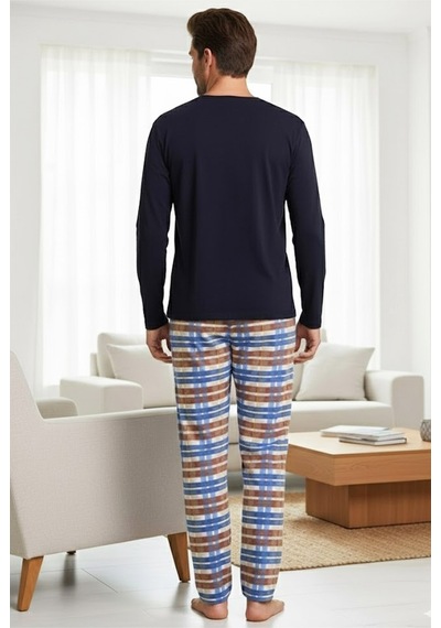 Siyah İnci Uzun Kollu Pamuklu Örme Pijama Takım 7972 Ekose