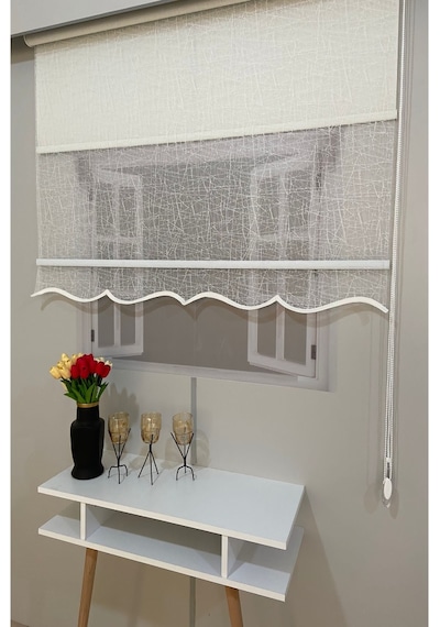İncilifehome İcl1084 Çift Mekanizmalı Geometrik Desenli Tül Ve Stor Perde Kırık Beyaz Kırık Beyaz