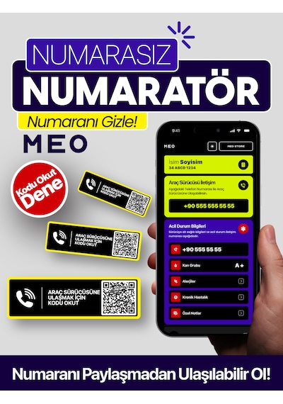 Meo 10'lu Paket - Numarasız Numaratör - Qr Kodlu Araç Numaratörü - Araç İçi Park Telefon Numarası Yatay Etiket 001