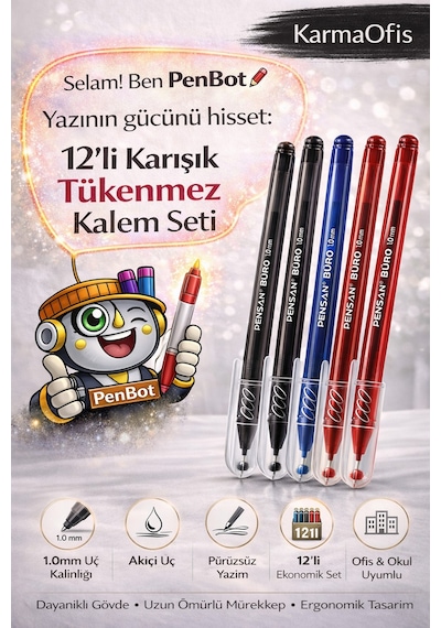 12'li Karışık Tükenmez Kalem Seti 1.0 Mm 4 Mavi 4 Siyah 4 Kırmızı Beyaz