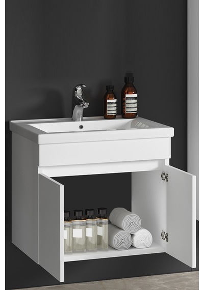 Çiğdem 55 Cm Beyaz Balon Mdf Seramik Lavabolu Asma Banyo Alt Dolabı Beyaz