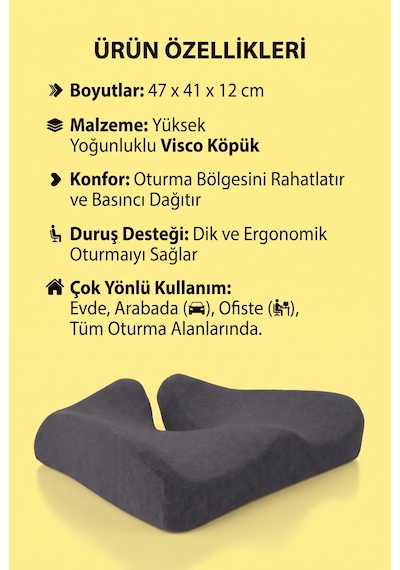Yeni Nesil Coccyx Minder Kuyruk Sokumu İçin Yüksek Yoğunluklu Visco Posture Oturma Minderi 47x41x12 Cm Dvm-22s Siyah