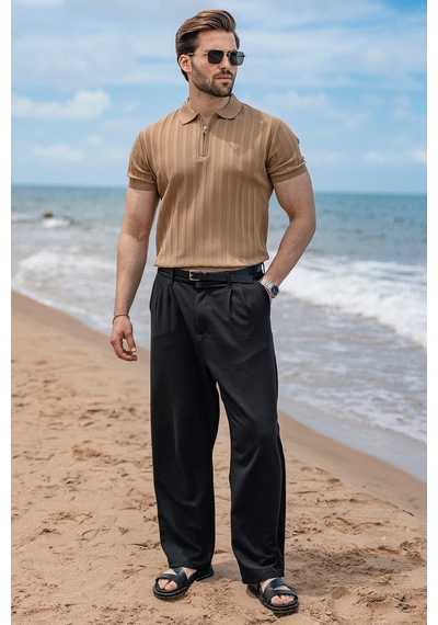 Madmext Camel Yarım Fermuarlı Polo Yaka Erkek Triko Tişört E7458