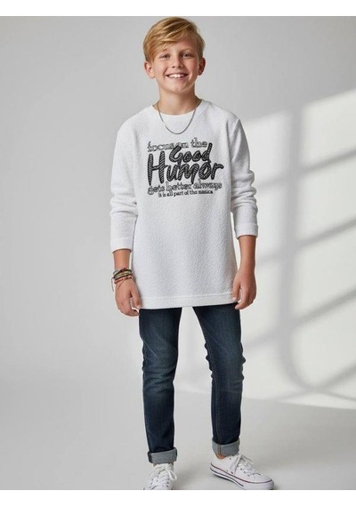 Zekids Erkek Çocuk Good Humor Yazılı Uzun Kollu İnce Triko T-shirt-16647 Beyaz