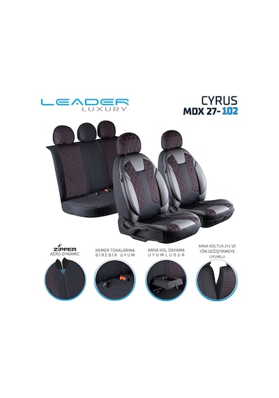 Geely Echo Uyumlu Deri Detaylı Oto Koltuk Kılıfı Ön Arka Takım Cyrus Siyah Kırmızı