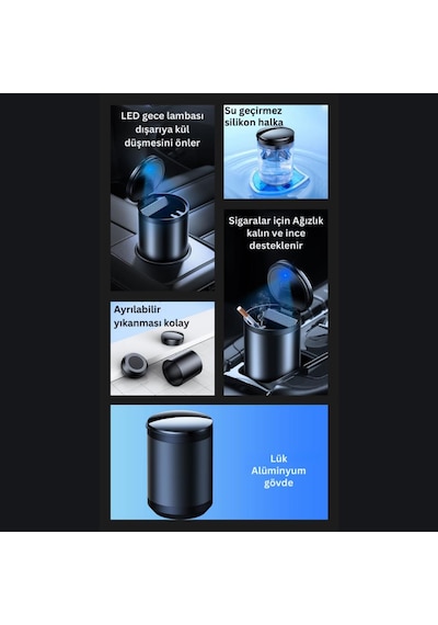 Coofbe Premium Car Ashtray Led Işıklı Alüminyum Taşınabilir Kapaklı Araba Küllük Kül Tablası Kokusuz