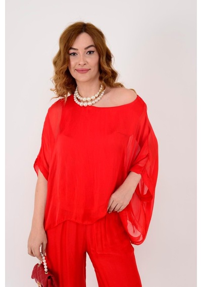 Bohem Stil İtalyan Yarasa Kol İpek Bluz & Pantolon Takım-8767 Kırmızı