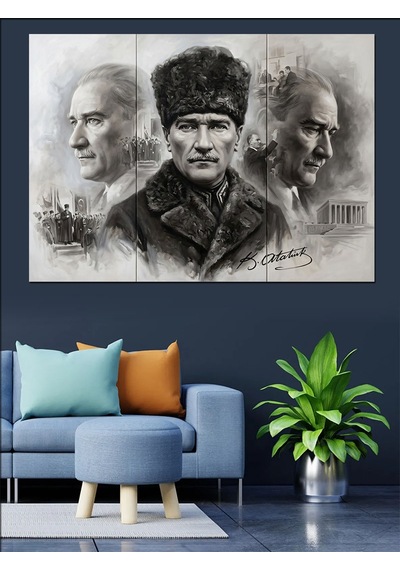 Üç Farklı Atatürk Portresi Çalışması Dekoratif Kanvas - Mdf Ahşap Tablo