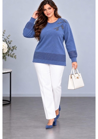 Cedy Denim Cedy Denım Kadın Bisiklet Yaka Dal Yaprak İşlemeli Taş Detaylı Dokulu Triko Kazak C27061 Mavi Cedy Denim Cedy Denım Kadın Bisiklet Yaka Dal Yaprak İşlemeli Taş Detaylı Dokulu Triko Kazak C27061 Mavi