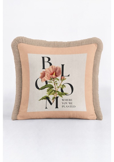 Botanik Çiçek Motifli Saçaklı Yastık Kılıfı - Floral Bohem Pudra Ekru Vizon Püsküllü Kırlent Kılıfı Yalın Sahil Mira