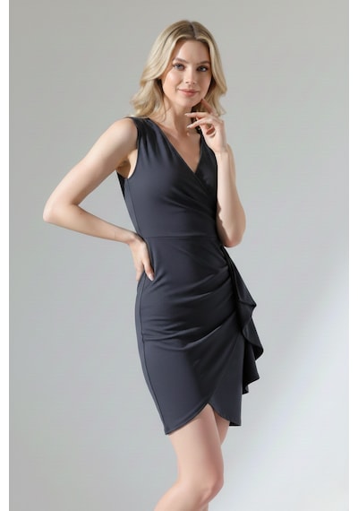 Defymoda Kadın Volanlı Mini Modern Tasarım Elbise Gri