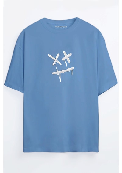 Artı Çarpı Surat Baskılı Unisex Bordo - Mavi Oversize T-shirt Mavi