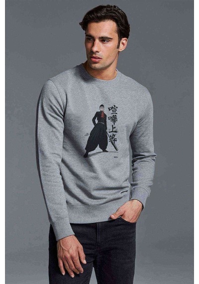 Anime One Punch Man Baskılı Gri Erkek Örme Sweatshirt (528450371)