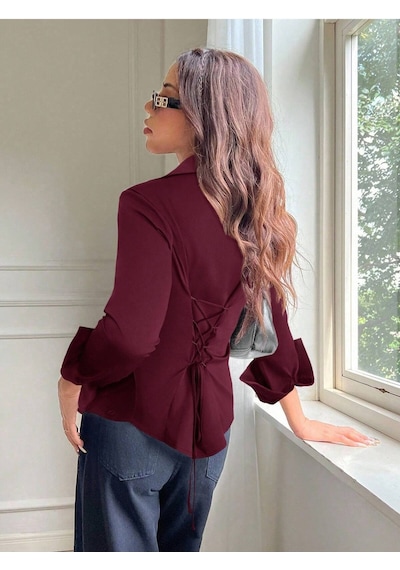 Kadın Arkası Bağcıklı Gömlek Slim Fit Günlük Ve Ofis Kombin Modern Tasarım Bordo