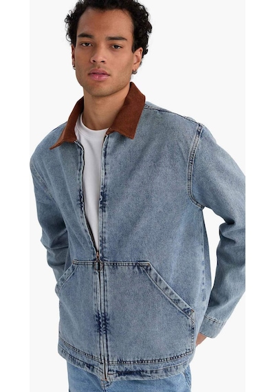 Defacto Relax Fit Kontrast Yaka Düğmeli Denim Ceket F8308ax25aunm39 Mavi