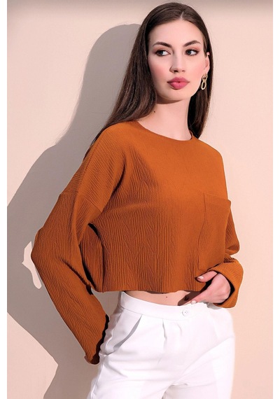 WeShaya Kadın Hardal Uzun Kol Kendinden Dokulu Cepli Crop Sweatshirt, Salaş Kesim Bluz HARDAL WeShaya Kadın Hardal Uzun Kol Kendinden Dokulu Cepli Crop Sweatshirt, Salaş Kesim Bluz HARDAL