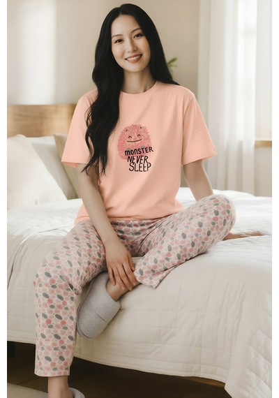 Yeni İnci Kadın Pamuk Kısa Kol Pijama Takım Somon
