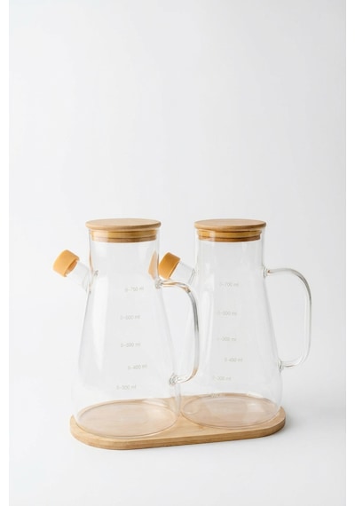 Makri Home 2'li 900 Ml Bambu Kapaklı Ve Altlıklı Borosilikat Cam Yağdanlık, Isıya Dayanıklı, Yağ/sirke/sosluk Sarı