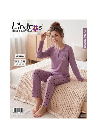 Boyraz Lindros Kadın Düğme Yaka Raporlu İnterlok Kışlık Pijama Takımı 02787 - 1 Adet Mor
