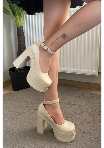 Preshley Kadın Elanor Krem Cilt Bilekten Bağlamal 12 Cm Platform Topuklu Ayakkabı-krem Cilt Krem