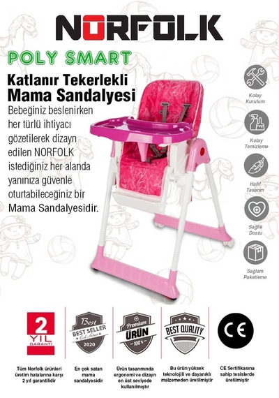 Norfolk Poly Smart Mama Sandalyesi, Portatif, Katlanır, Yükseklik Ayarlı, Tekerlekli, İçi Pedli