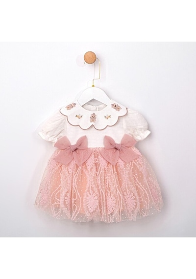 Ministok Dora Yakası Nakış Detaylı Tütü Etekli Kız Bebek Elbise Pembe