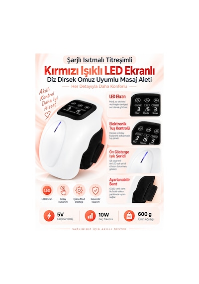 Şarjlı Isıtmalı Titreşimli Kırmızı Işıklı Led Ekranlı Diz Dirsek Omuz Uyumlu Masaj Aleti Beyaz