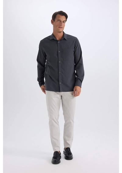 DeFacto Regular Fit Polo Yaka Basic Düz Gofre Uzun Kollu Gömlek D8713AX25SPAR15