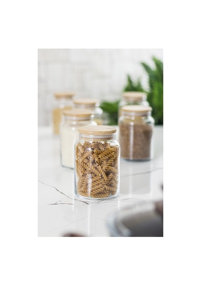 6 Lı Set Bambu Kapaklı Cam Kavanoz & Erzak Saklama Kabı 800 Ml Orta Boy Vakum Kapak Düz Renkli