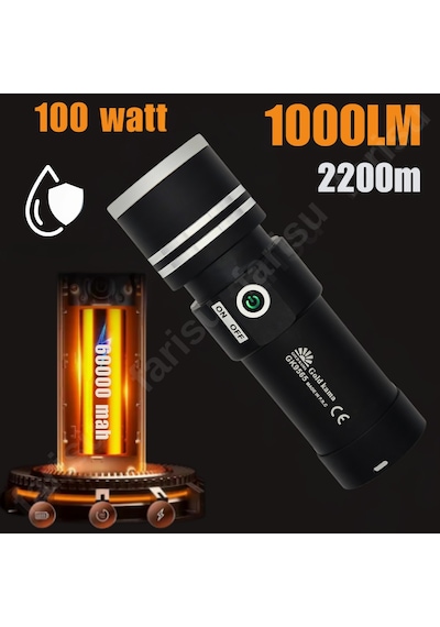 Gold Ultra Güçlü 100 Watt Full Metal Tasarım El Feneri Siyah