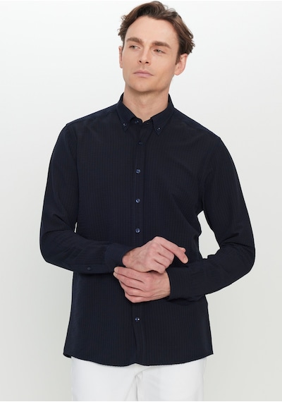 AC&Co / Altınyıldız Classics  Erkek Lacı Slim Fit Dar Kesim Düğmeli Yaka Armürlü Gofre Desenli Gömlek Lacı Lacivert