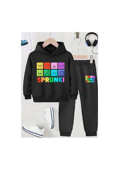 Stil-x Sprunkı Baskılı Çocuk Eşofman Takımı, Şardonlu Soft Kumaş, Unısex Siyah-4