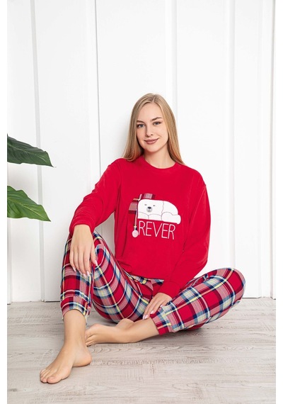 Aydoğan Kadın Pijama Takımı Baskılı Kadife Uzun Kol Kışlık Kırmızı
