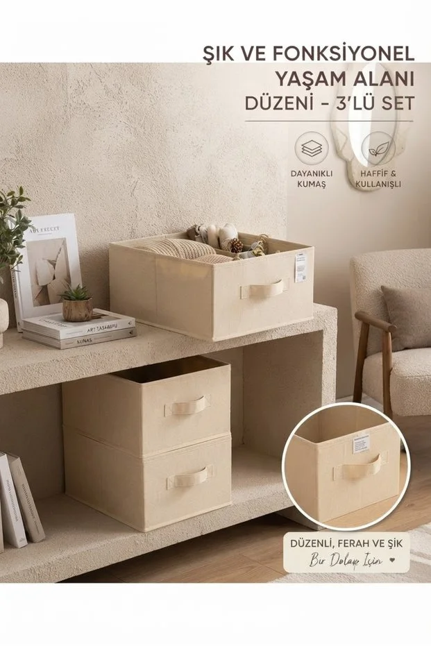 3 Adet Krem Kumaş Katlanabilir Dolap İçi Düzenleyici Kutu 45x30x20 Cm Kıyafet Ve Giysi Organizer Banyo Açık Bej