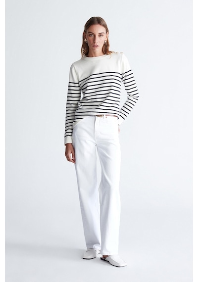 Styleboom X Peraluna Audrey Pullover Omzu Düğmeli Çizgili Organik Pamuk Mevsimlik Kadın Triko Kazak Ekru/lacivert-ekru Ekru