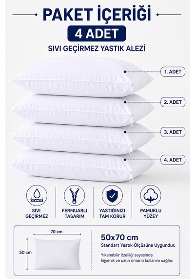 Sıvı Geçirmez Yastık Alezi 4'lü 50x70 Cm Pamuklu Fermuarlı Puresleep Beyaz