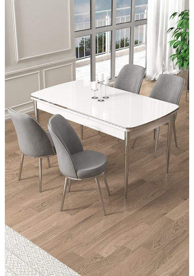 Canisa Pale Serisi 80x132 Açılabilir Beyaz Masa Krom Ayak Mutfak Masası Takımı Ve 4 Gri Sandalye Masa Beyaz Sandalye Gri Krom Ayak Canisa Pale Serisi 80x132 Açılabilir Beyaz Masa Krom Ayak Mutfak Masası Takımı Ve 4 Gri Sandalye Masa Beyaz Sandalye Gri Krom Ayak