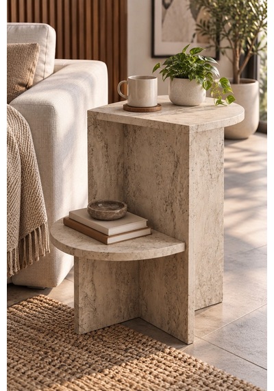Sulorahome Ekru Traverten Desenli Raflı Yan Sehpa 53x35 Cm