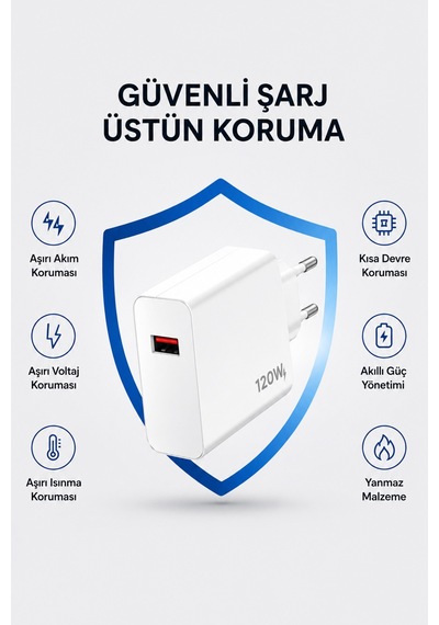 120w Süper Hızlı Şarj Adaptörü Type-c Kablo Dahil Akıllı Çipli Güvenli Şarj Cihazı