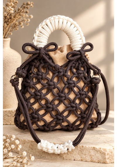 Pawknot Latte Knot Mini Makrome Çanta Kahverengi/bej İçi Keseli Kahverengi - Bej