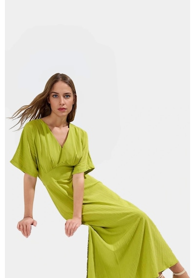 Ersefa Dokuma Polyester Maxi Elbise A Kesim V Yaka Rahat Yazlık Günlük K Yeşil