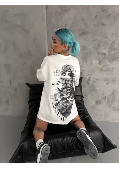 Modi Unisex Baskılı Oversize T-shirt - Beyaz - Mymg98301