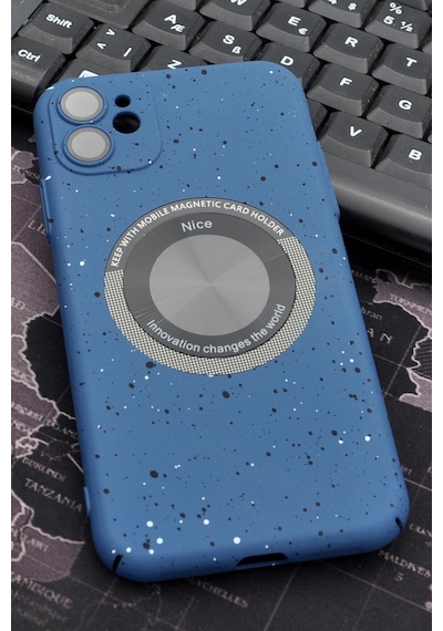 Apple Uyumlu iPhone 11 Uyumlu İnidgo Mavi Benekli Desenli İnce Sert Kapak Kılıf Kamera Lens Korumalı Mavi -