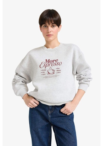 Defacto Relax Fit Bisiklet Yaka Baskılı Kalın Sweatshirt G2152ax25wngr93 Gri
