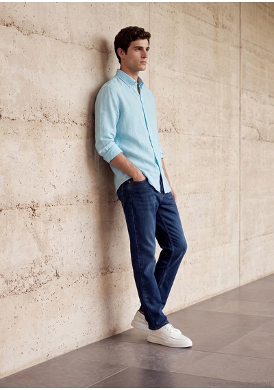 Ramsey Mint Düz Casual Fit Uzun Dokuma Casual %100 Keten Gömlek