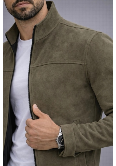 Baselco Slim Fit Dik Yaka Mevsimlik Süet Ceket Haki