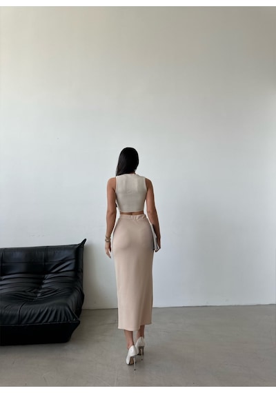 Herton Kadın Yüksek Bel Önü Yırtmaçlı Midi Boy Örme Etek ÇoK Renkli